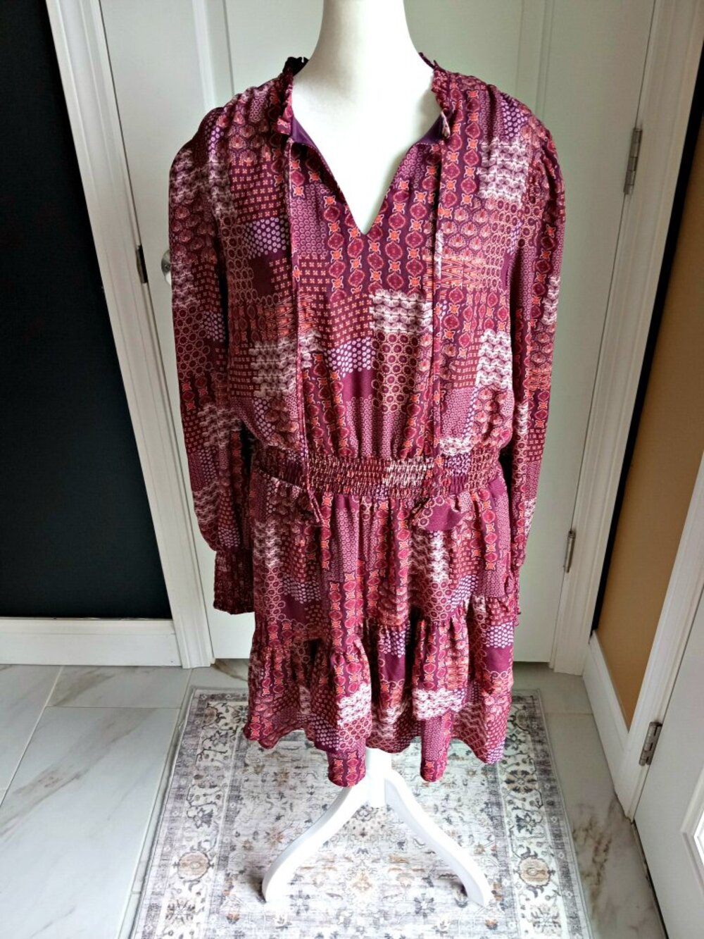 NWOT BCBG Paris PATCHWORK SMOCKED BOHO MINI DRESS